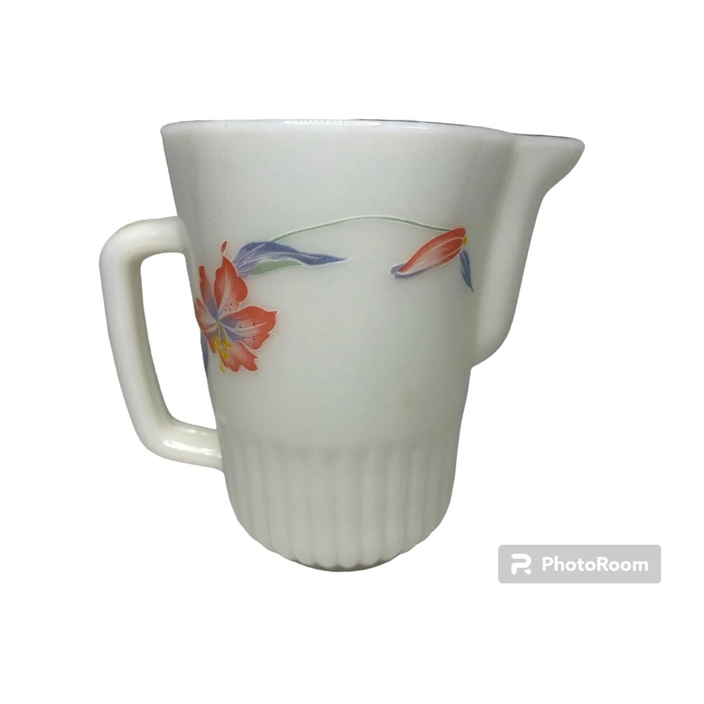 Neolex By Crystal Gold Rim Pitcher Oven Proof Opaque Milk Glass Floral Lily Vtg